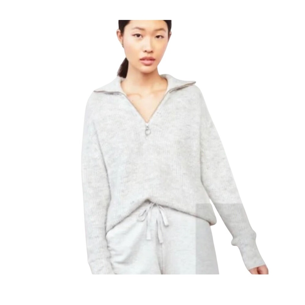 Quince Alpaca Quarter Zip Crop Sweater Ribbed Light Grey Knit XS